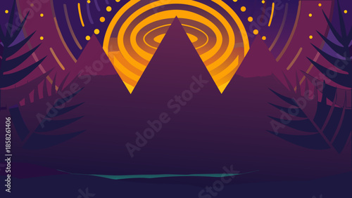 Vibrant abstract neon valley landscape with glowing yellow sun purple mountains and tropical