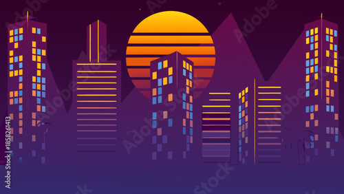 Flat vector illustration of abstract retro cityscape at sunset with skyscrapers and mountains