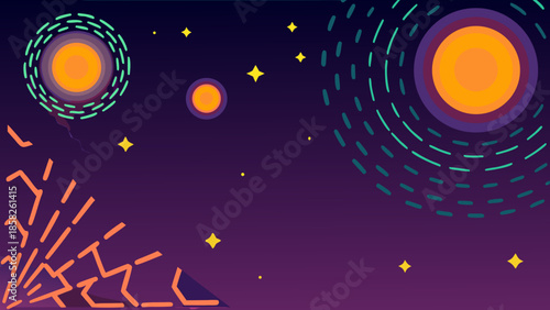 Flat vector illustration of abstract retro universe with stars and planets in purple