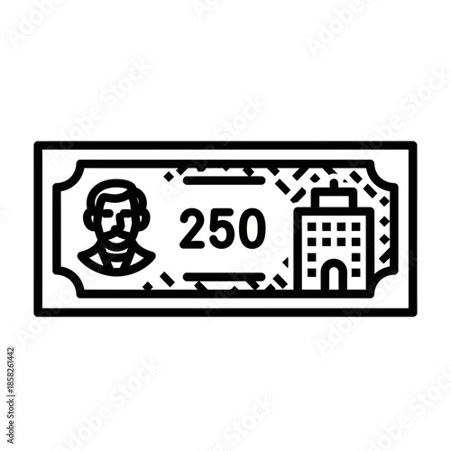 Minimalist Line Art Illustration of Currency Note with a Person and Building Elements
