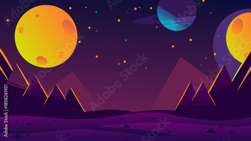 Retro alien landscape with purple mountains, double yellow suns, and blue planet in a starry