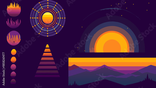 Vibrant cosmic landscape with stylized sunsets, mountains, and geometric shapes in shades