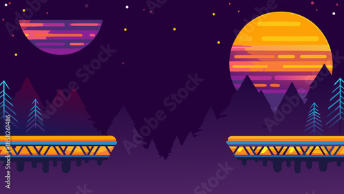 Retro cyber neon landscape with futuristic purple and orange sunset, double moons and stars