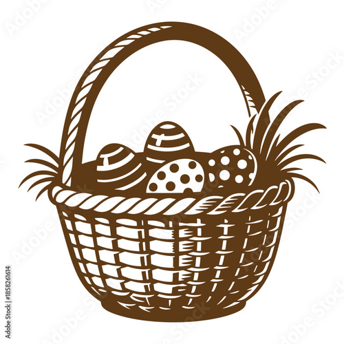Vintage Brown Easter basket with decorated eggs and grass on white background