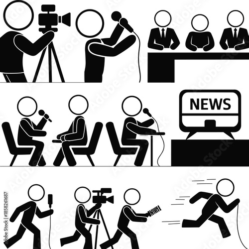 Journalism media icon set depicting news reporting interviews studio broadcasting field reporting cameraman microphone television workflow professional vector illustration design