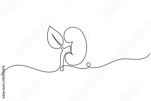 Healthy Human Kidney with Leaf Sprout Continuous Line Art Renewal Concept