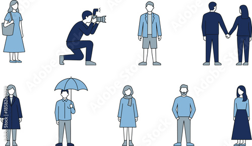 People lifestyle character illustration set showing diverse men and women in everyday activities, fashion styles, relationships, and modern urban life