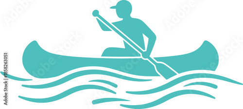 Teal silhouette illustration of a person rowing a canoe on wavy water. Minimalist vector graphic represent peaceful outdoor recreation, kayaking, paddling, and aquatic fitness in a clean, modern style