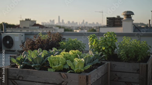 Urban raised bed vegetable garden with wooden planter herb garden leafy vegetable rooftop calm