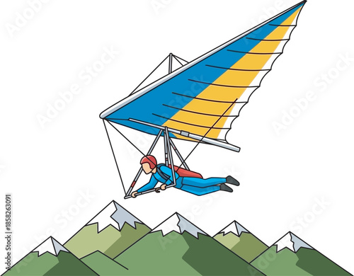 Vibrant vector illustration of a hang glider pilot in a blue flight suit soaring above snowy mountain peaks. Flat design, captures the thrill of extreme aerial sports, freedom, and alpine adventure.