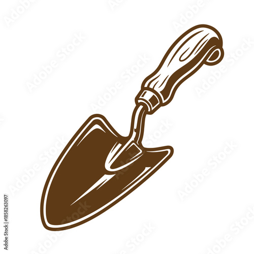 Vintage Brown garden trowel with handle and metal blade isolated on white background for landscaping and gardening activities