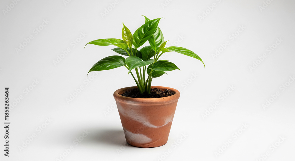 Fototapeta premium Small potted plant with vibrant green leaves on white background