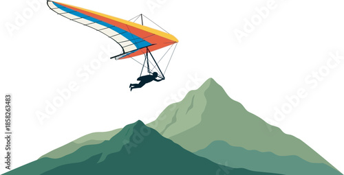 Dynamic vector illustration of a hang glider soaring over green mountain peaks. The colorful glider and silhouetted pilot capture the thrill of extreme aerial sports, adventure, and freedom in the sky