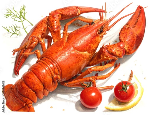 A cooked, red shellfish lies on white with a sprig of green herb, tomatoes and lemon slices. High angle shot