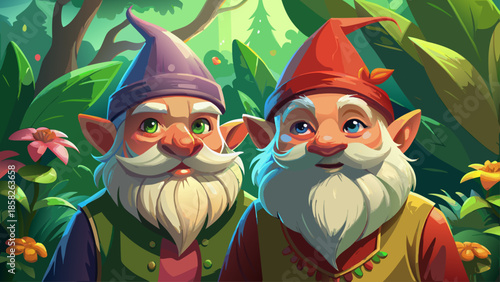 Very beautiful close-up portrait of two adorable gnomes with bright hats and soft beards, nestled in a lush forest setting, evoking warmth, friendship, and classic fairytale charm.