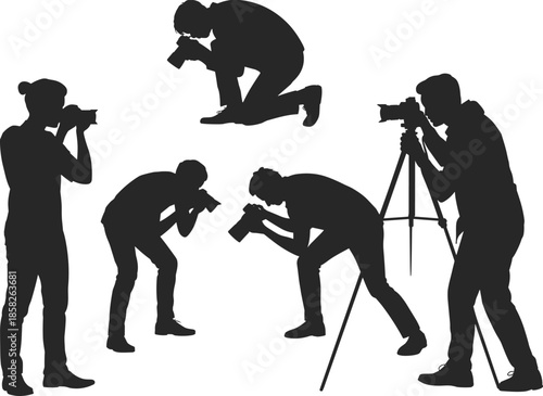 Photographer silhouettes capturing images with cameras and tripods in multiple shooting poses isolated for photography studio media concepts