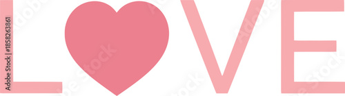 Minimalist graphic design featuring the word love spelled out with a soft pink heart shape replacing the letter o against a clean white background.