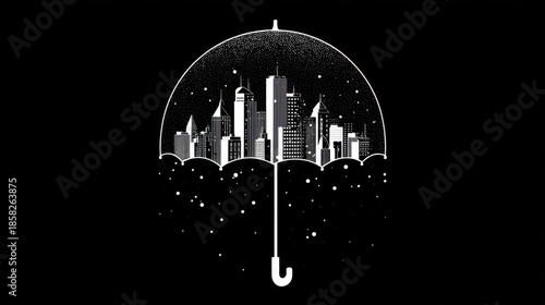 A monochrome urban cityscape shaped like an umbrella symbolizes protection from rain or snow, featuring skyscrapers,
