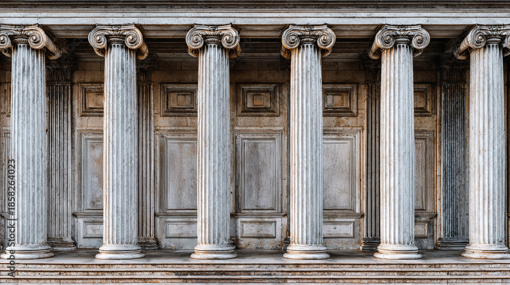 Naklejka premium A stately row of fluted columns stands against a classically paneled wall, exuding timeless architectural elegance and historical grandeur. Imposing and majestic.