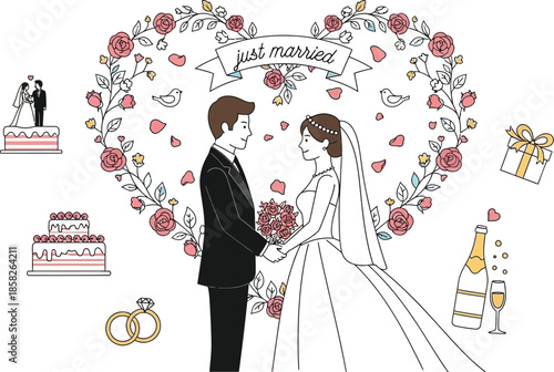 Charming illustration depicts a newly married bride and groom holding hands beneath a heart-shaped floral banner surrounded by celebratory wedding elements