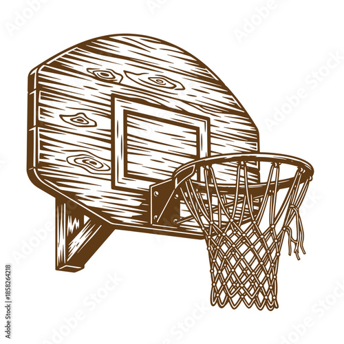 Vintage Brown illustration of a wooden basketball hoop with net on transparent background