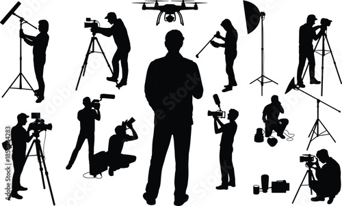 Professional film production crew silhouettes with cameras lighting audio drone equipment isolated set for filmmaking photography media industry concepts workflow