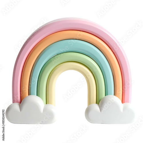 A 3D rendered pastel rainbow design with fluffy clouds, set against a black backdrop