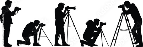 Professional photographers silhouettes capturing moments with cameras and tripods, creative photography workflow concept illustration for media, journalism, studio, and outdoor shoots