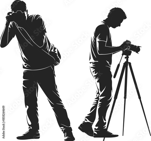 Professional photographer silhouettes capturing images with camera and tripod, creative photography workflow concept, studio shooting, visual storytelling, vector illustration