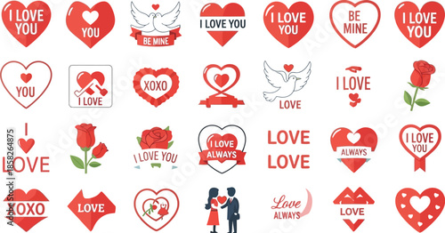 Assortment of delightful red and white Valentine's Day sticker designs featuring hearts doves roses and romantic affectionate messages for celebrations