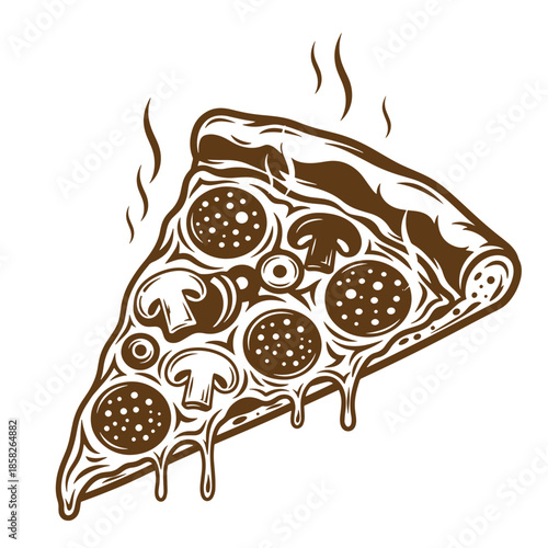 Vintage brown pizza slice with melted cheese and various toppings isolated on white background