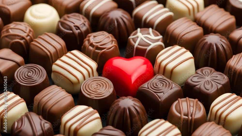 Fototapeta premium Assortment of milk white and dark chocolates with a red heart shaped chocolate assortment milk chocolate