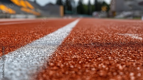 Close-up of a vibrant running track with red-orange textured surface and white lane line,