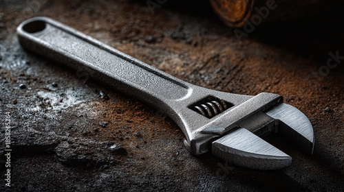 A close-up captures an adjustable wrench on a textured surface. The tool's metallic sheen contrasts with the dark, grainy background, highlighting its precision engineering and functionality.