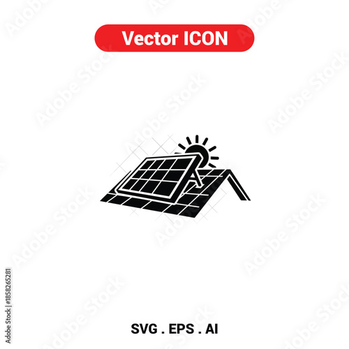 Vector icon of solar panels on a roof illuminated by the sun, representing clean energy and sustainability