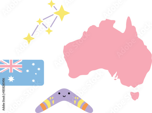 Australia map with flag and boomerang