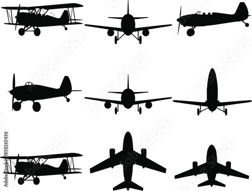 Silhouettes of Various Airplanes in Black and White