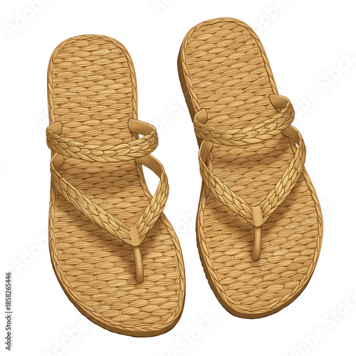 Comfortable pair of golden beige woven straw flip-flops with braided thong straps, ideal for tropical vacations.