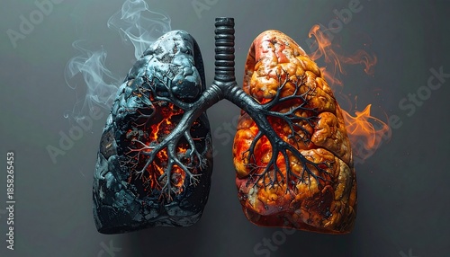 Human lungs with smoke and fire. Healthy and unhealthy lung comparison. Smoking and pollution effects. Respiratory system. Dark background. Medical illustration.