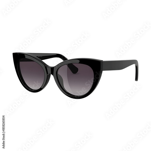 Elegant black cat-eye sunglasses with a glossy thick frame and chic gradient grey lenses, angled view.