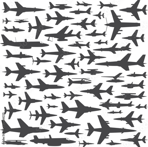 Silhouettes of various military aircraft on white background
