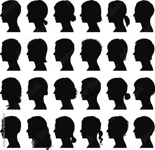 Silhouettes of Women with Different Hairstyles in Profile View