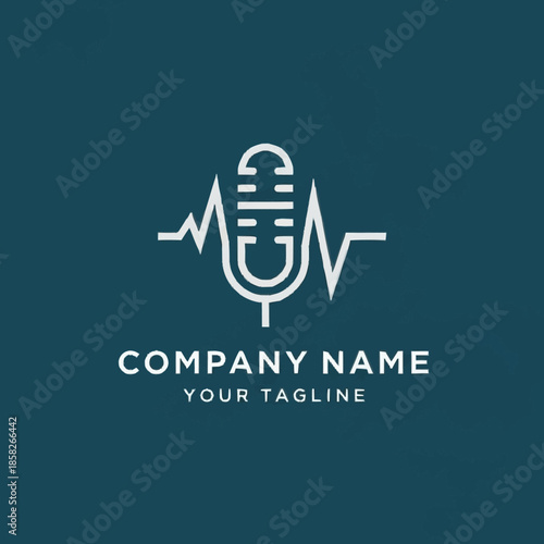 Microphone logo with heartbeat soundwave design element.