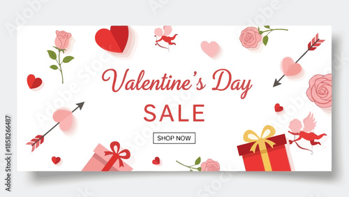 Charming graphic banner promoting a special Valentine's Day sale event featuring romantic icons like roses hearts and cupid characters