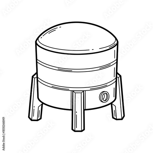 This minimalist black and white line art illustrates a compact, portable outdoor appliance, resembling a camping water heater or small grill, perfect for travel.