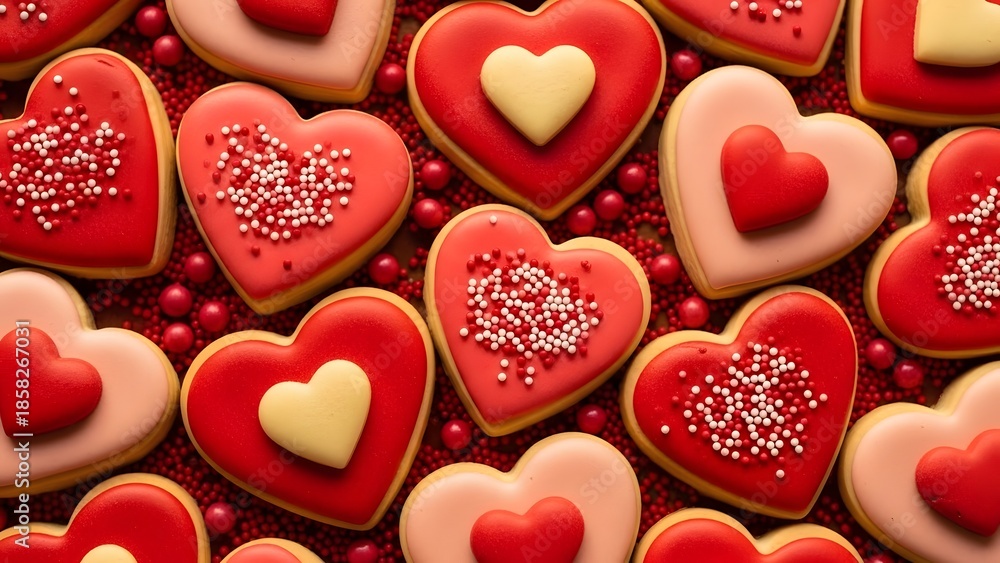 Obraz premium Heart shaped cookies with red pink and yellow icing and sprinkles heart cookies valentine cookies