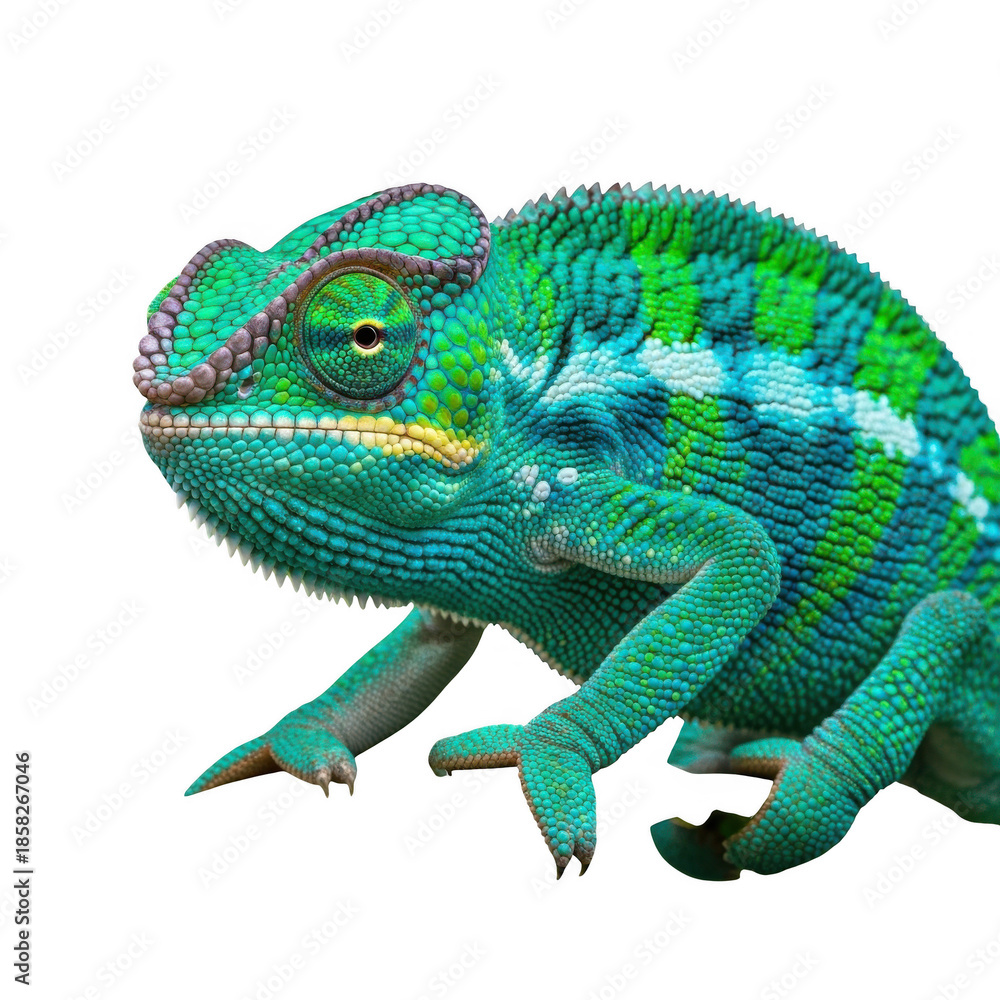 Obraz premium Vibrant green chameleon displays intricate scales and unique eye structure against a dark backdrop transparent background