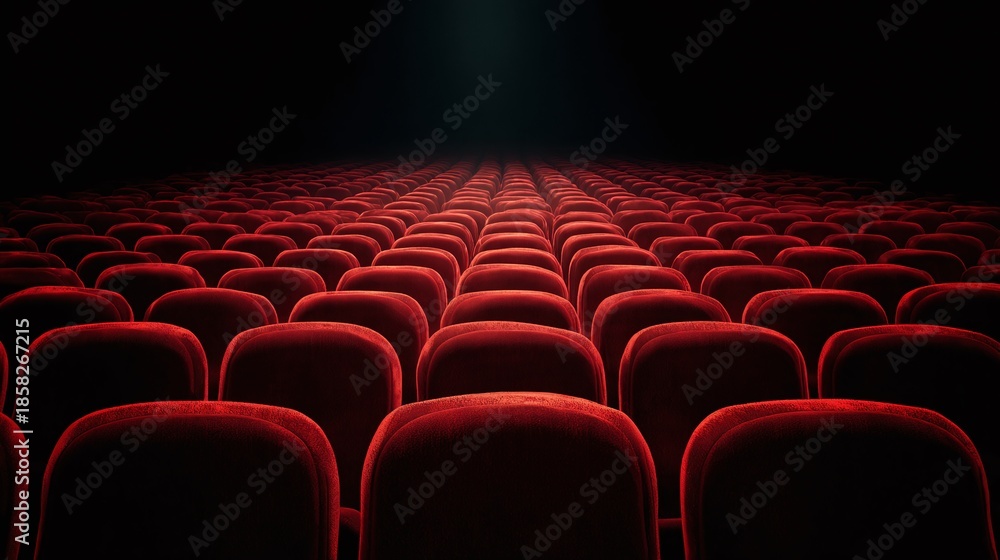 Obraz premium A theatre awaits, filled with plush red seating, promising an immersive viewing adventure. The darkened venue whispers of stories untold. Ready for showtime!