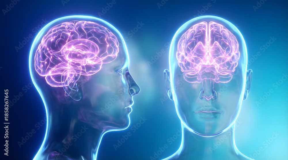 Obraz premium Two translucent human head outlines with visible brain structures in purple and pink against a blue gradient background