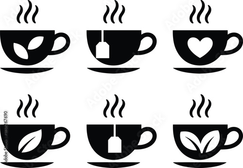Six black cups with steam and different symbols inside
